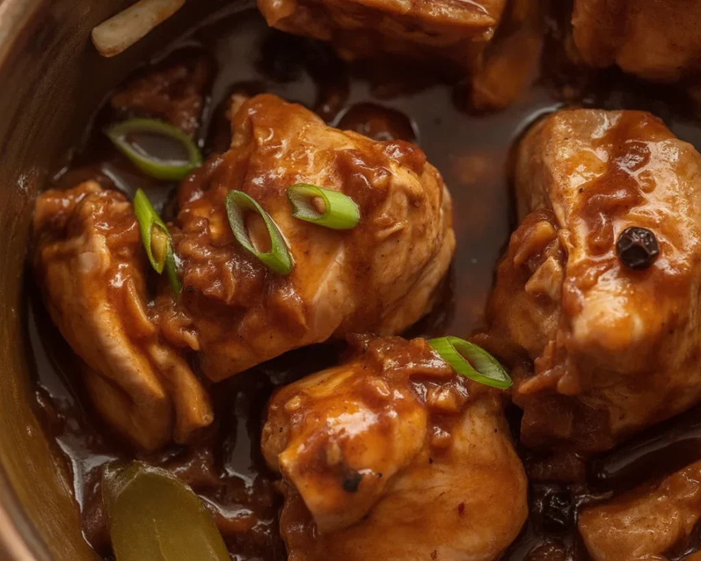 Plate of flavorful Filipino chicken adobo garnished with herbs and served with rice.