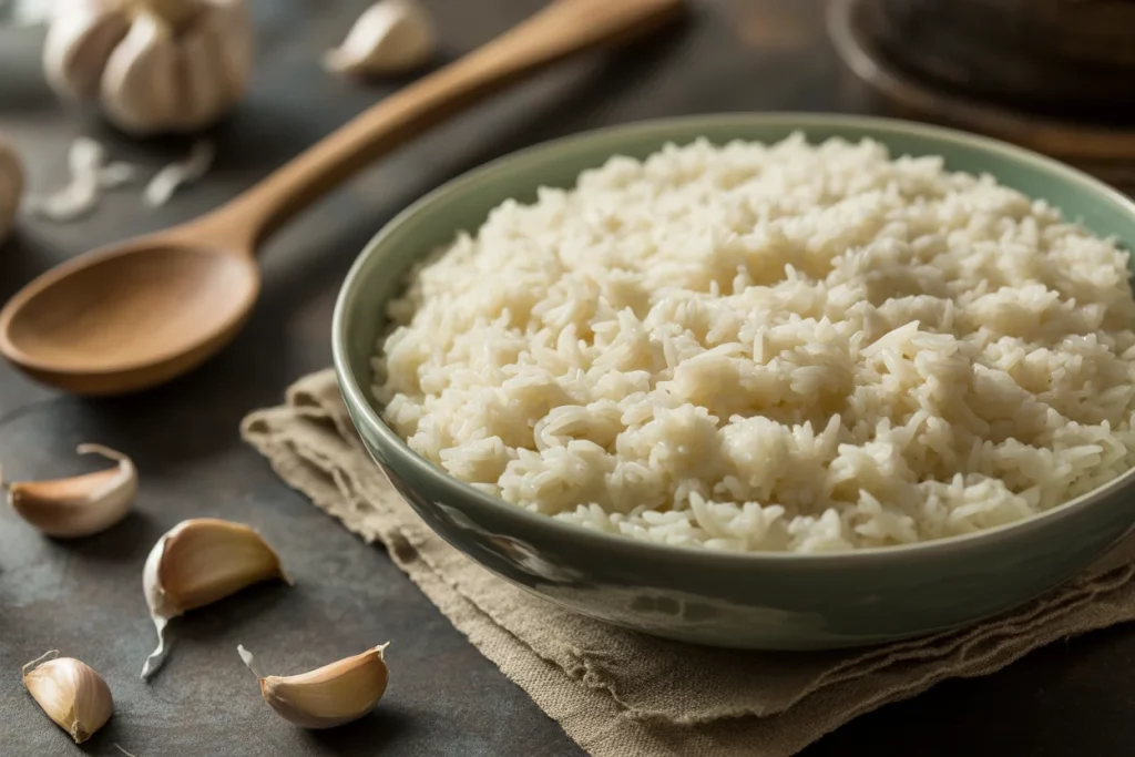 Plate of Filipino garlic fried rice (Sinangag) topped with crispy garlic