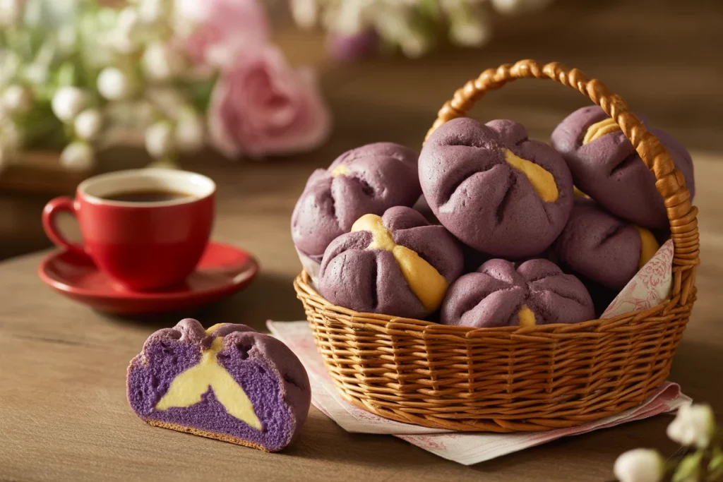 Soft and fluffy ube pandesal with cheese and ube jam filling.