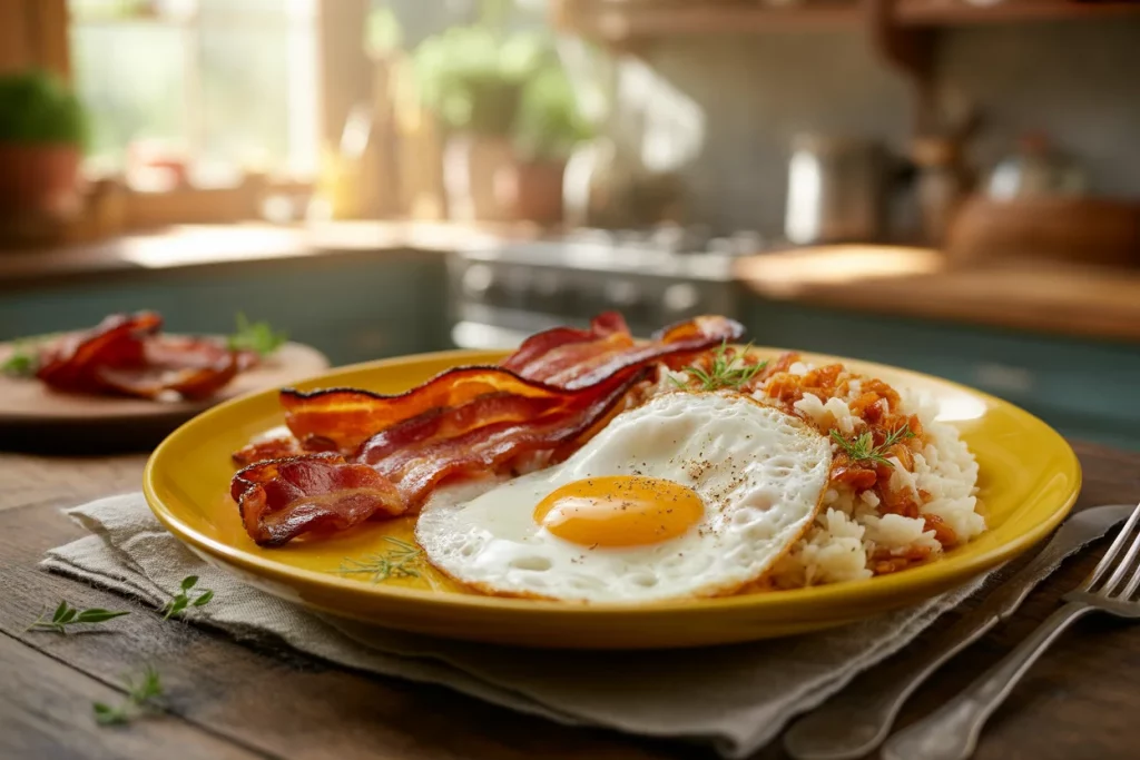 Filipino breakfast silog dish with garlic fried rice, fried egg, and savory meat.