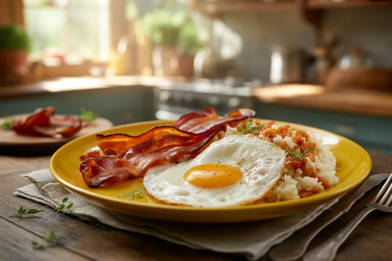 Filipino breakfast silog dish with garlic fried rice, fried egg, and savory meat.