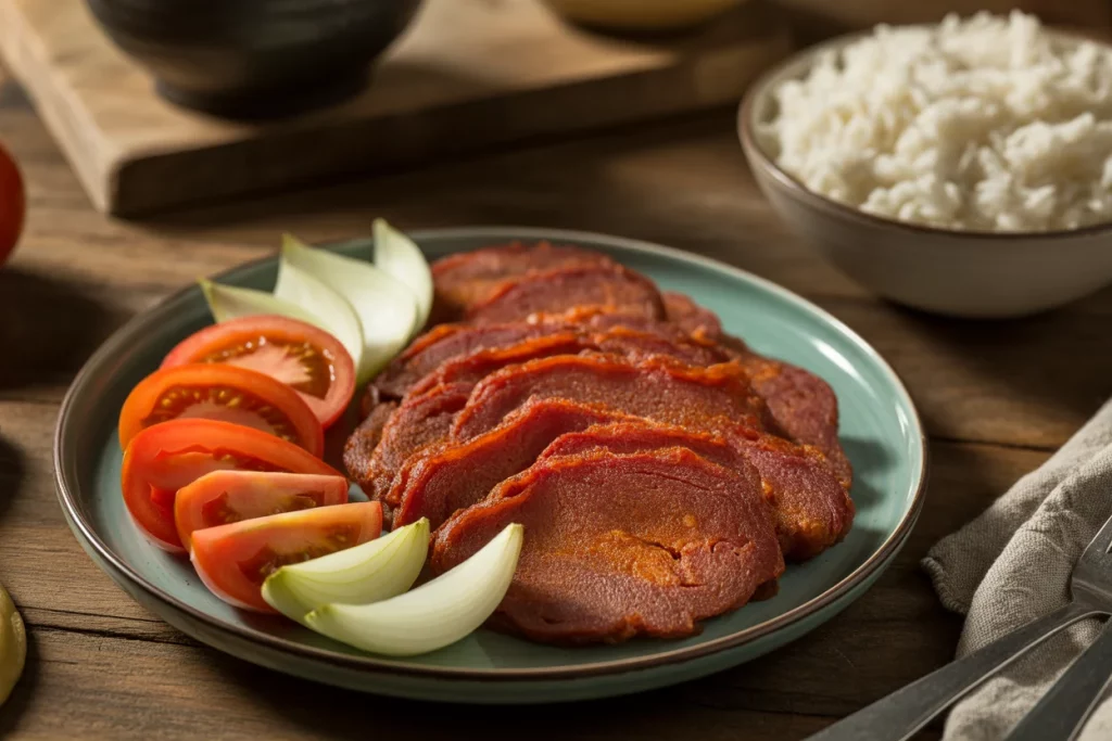 Homemade Filipino tocino, sweet cured pork served with garlic fried rice and eggs.