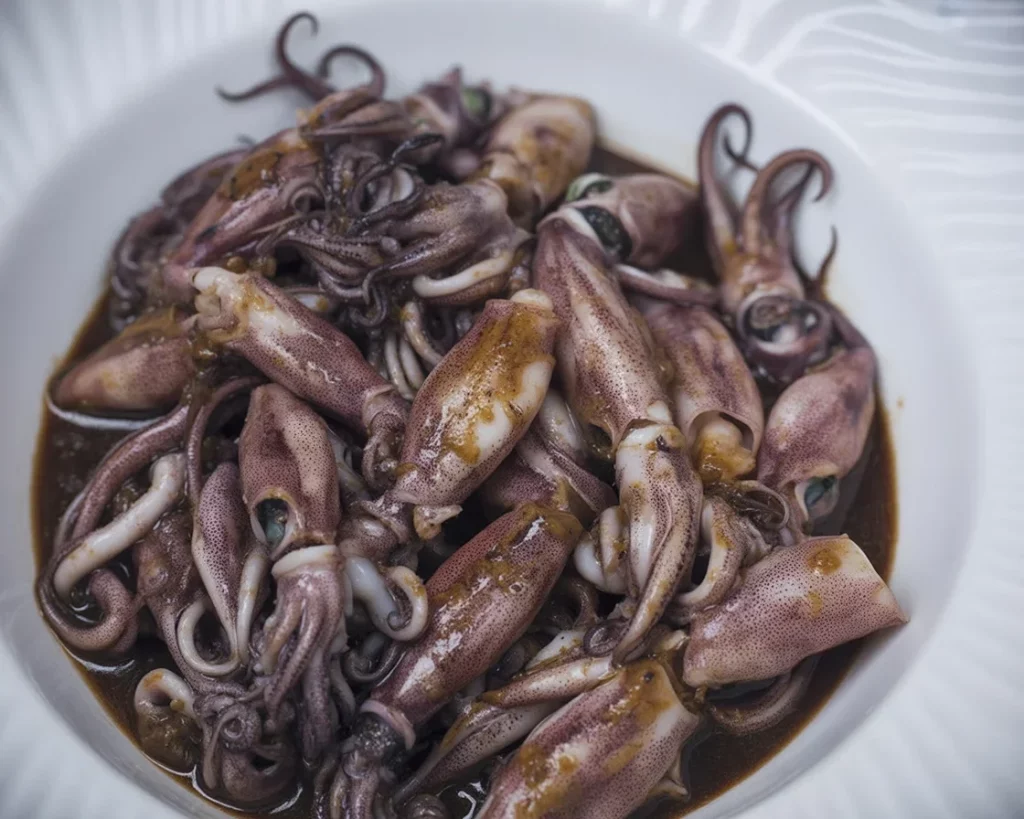 Bowl of Adobong Pusit, a Filipino squid dish cooked in adobo style with soy sauce and vinegar.