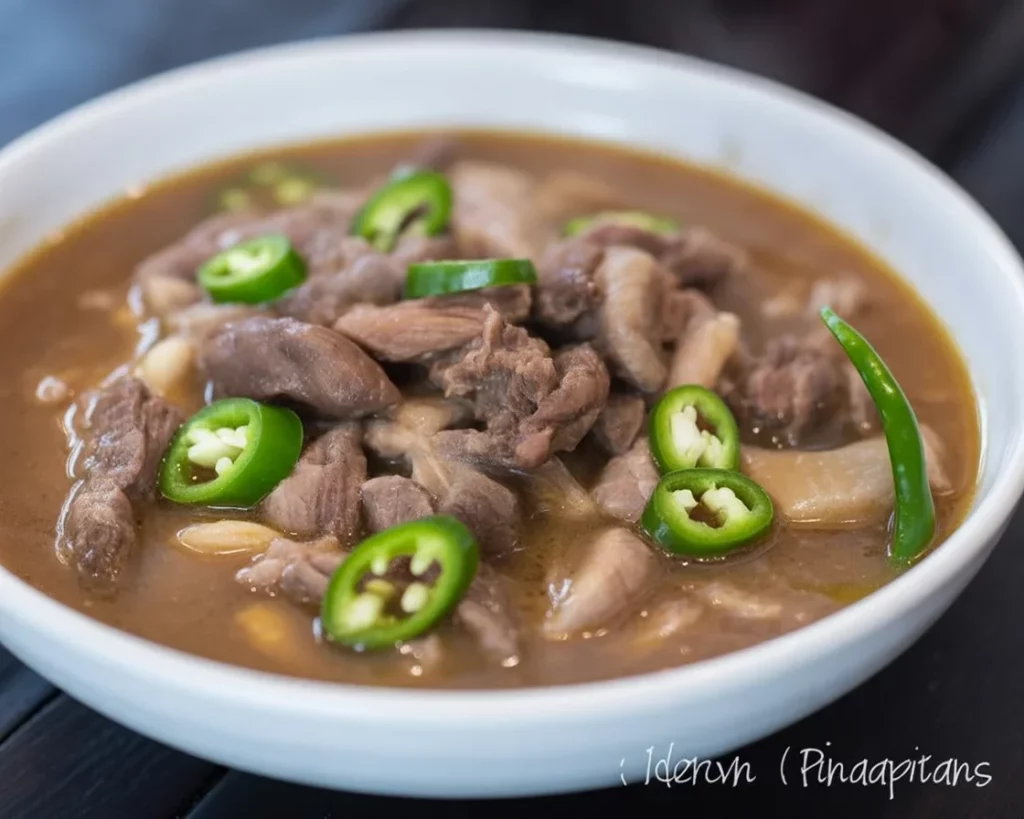 Filipino pinapaitan, a bitter stew made with goat meat and offal, showcasing rich flavors.