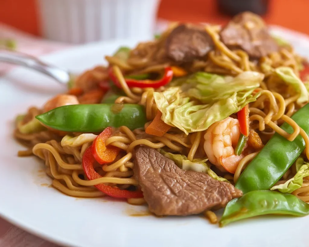 Plate of Filipino Pancit Bato, a traditional dish from Bicol with noodles, vegetables, and chicharrón.