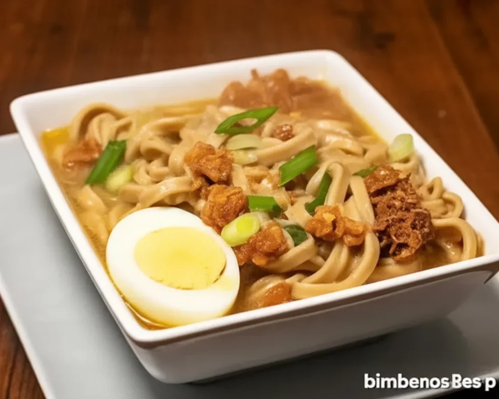 Filipino Lomi Batangas, a thick egg noodle dish with pork, served hot in a bowl.