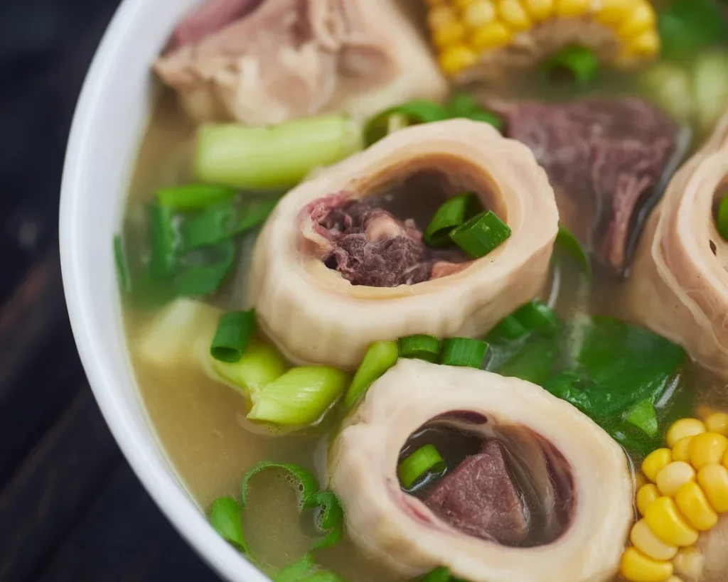 A bowl of traditional Bulalo beef bone marrow soup with beef shank and vegetables