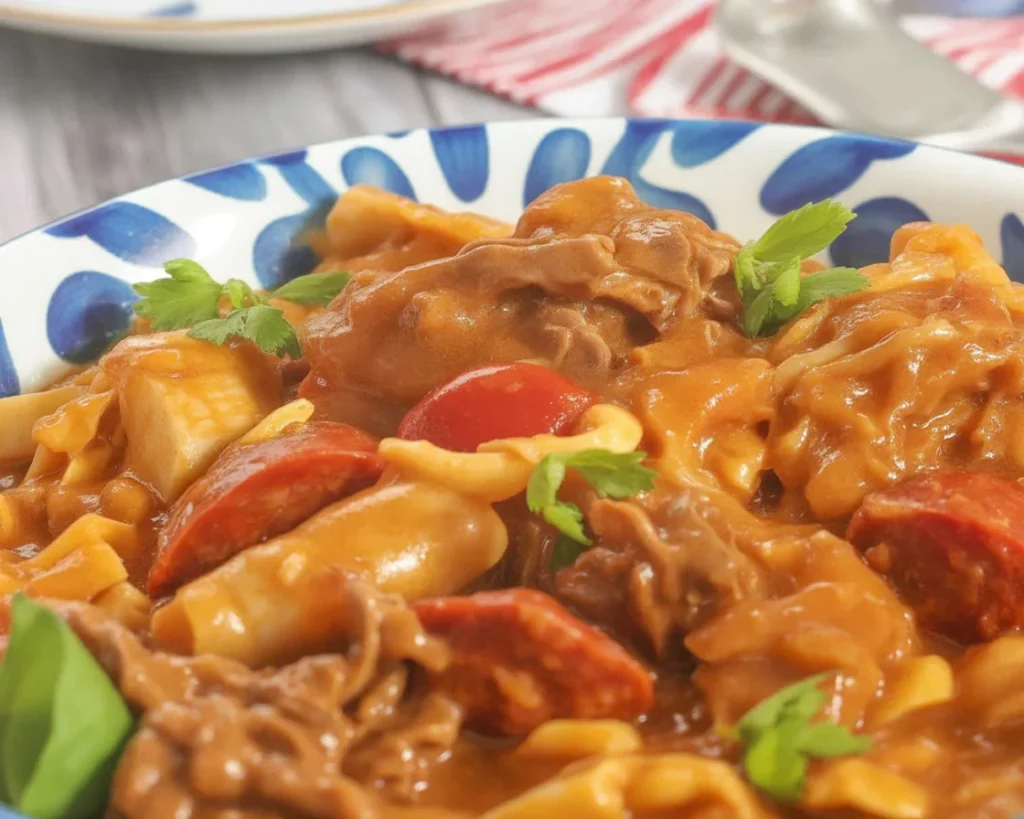 Delicious bowl of Filipino callos stew with ox tripe, chorizo, and vegetables in tomato sauce.