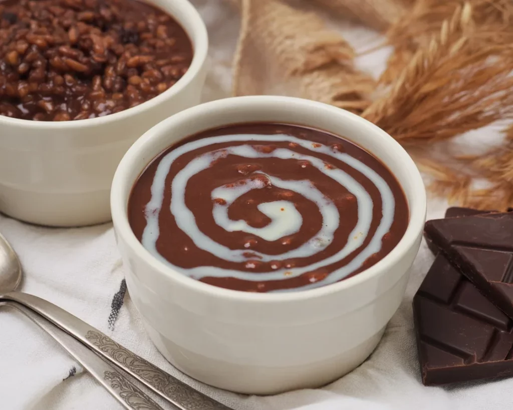 Bowl of Filipino champorado, a chocolate rice porridge topped with milk.