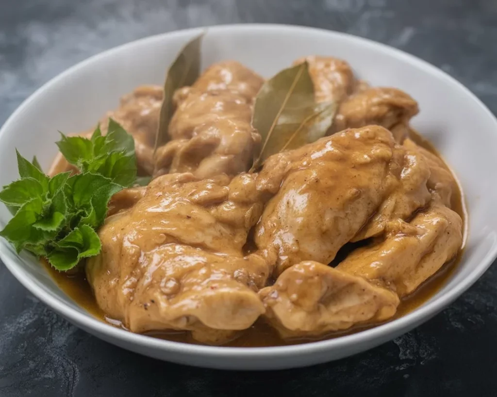 Delicious Filipino chicken adobo sa gata cooked with coconut milk and spices.