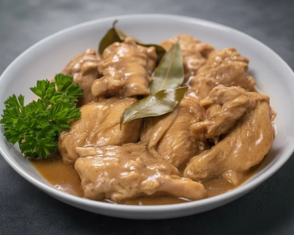 Filipino Chicken Adobo sa Gata with coconut milk served in a bowl.