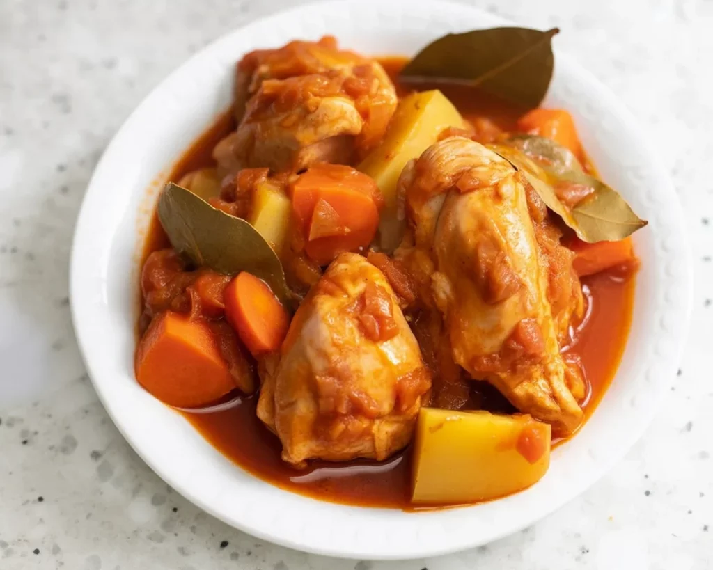 Filipino chicken afritada cooked in savory tomato sauce with vegetables.
