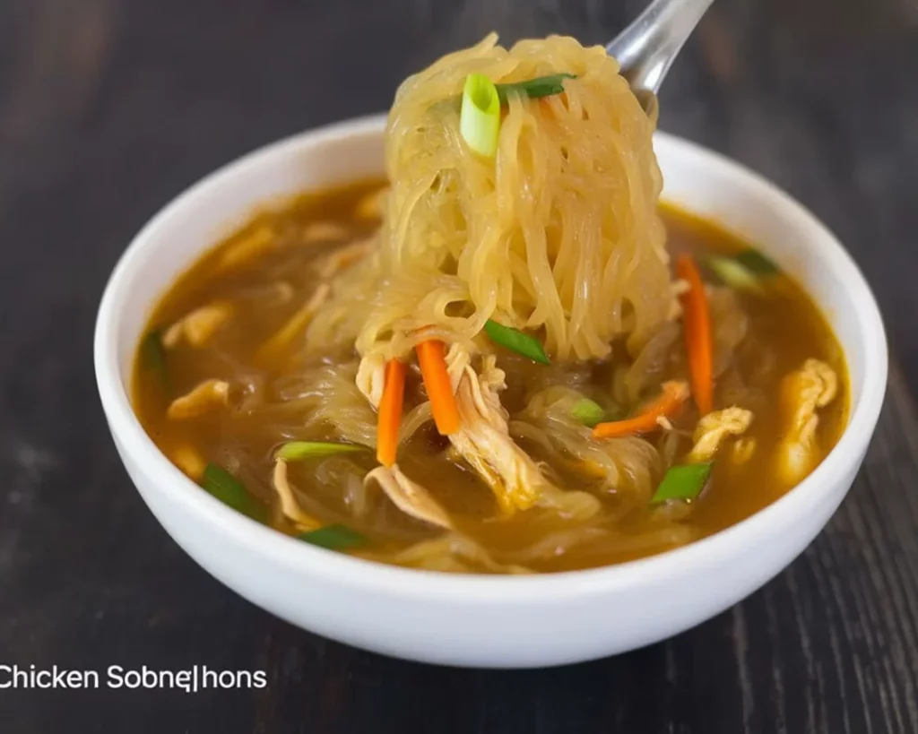 Bowl of Filipino chicken sotanghon soup with glass noodles, shredded chicken, and vegetables.