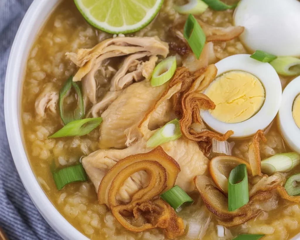 Bowl of Filipino arroz caldo topped with boiled egg and scallions.