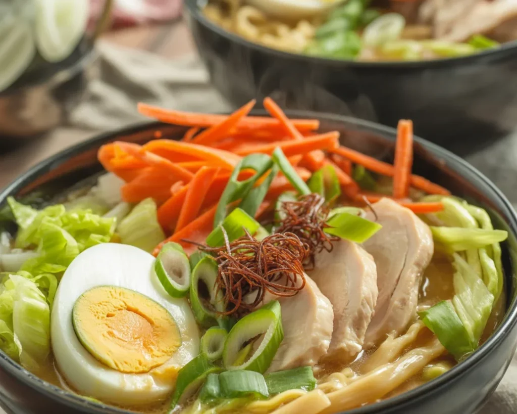 Delicious Bowl of Filipino Chicken Mami Noodle Soup with Fresh Toppings