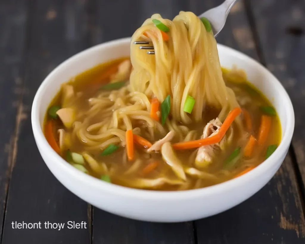 Bowl of Filipino Sotanghon Soup with shredded chicken and glass noodles