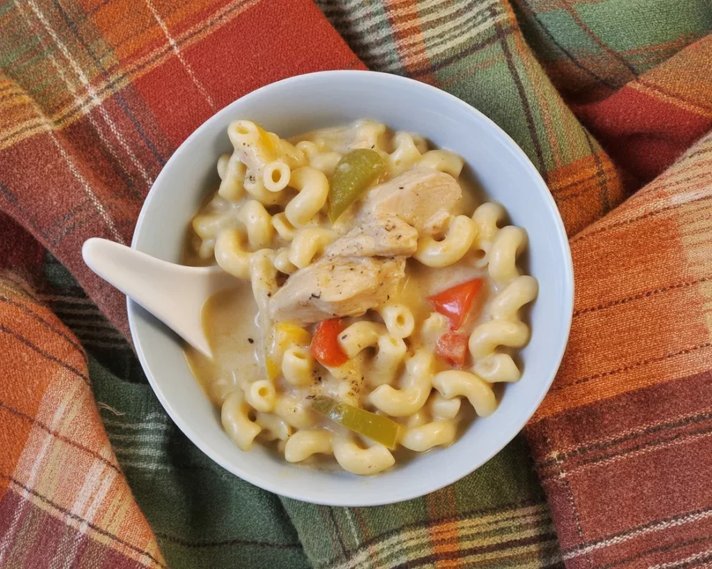 A bowl of creamy Filipino chicken sopas with macaroni and colorful vegetables.
