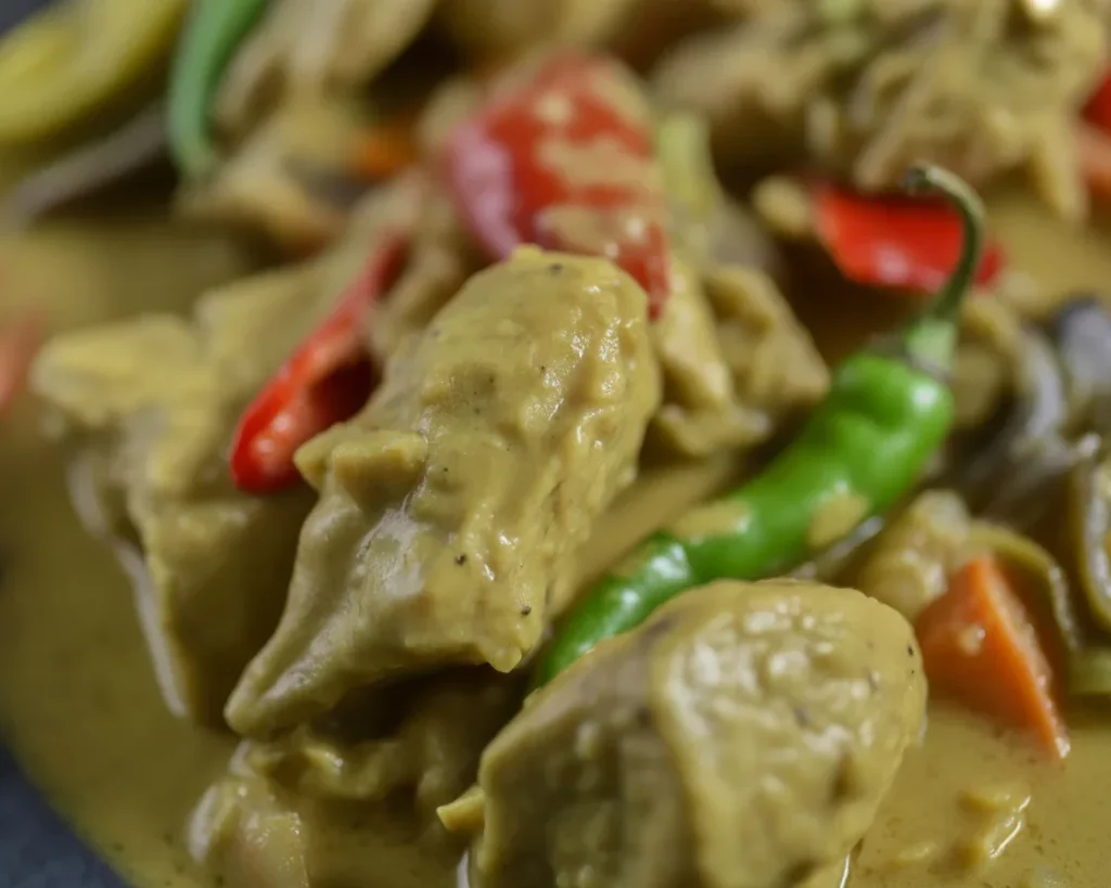 Delicious Filipino chicken curry with coconut milk and vegetables served on a plate.