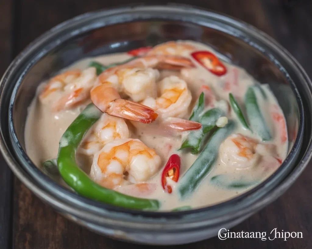 Bowl of Ginataang Hipon, shrimp cooked in coconut milk with sitaw and kalabasa
