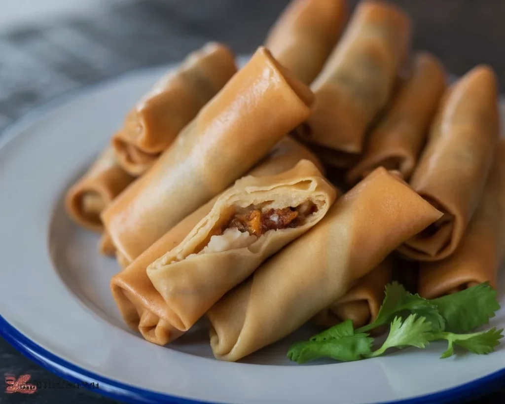 Delicious Filipino Lumpiang Shanghai with chicken, a crispy spring roll filled with flavorful ingredients.