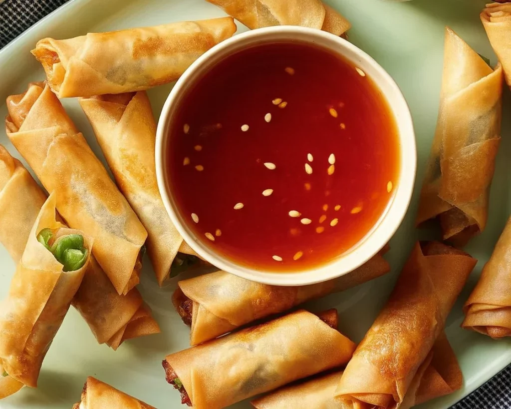 Crispy Filipino lumpia, stuffed with savory pork and vegetables, served as an appetizer.