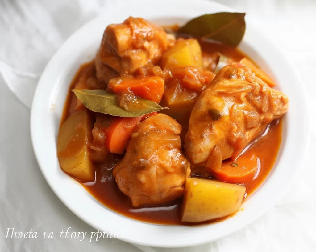 Filipino chicken afritada with tender chicken, potatoes, bell peppers, and rich tomato sauce.