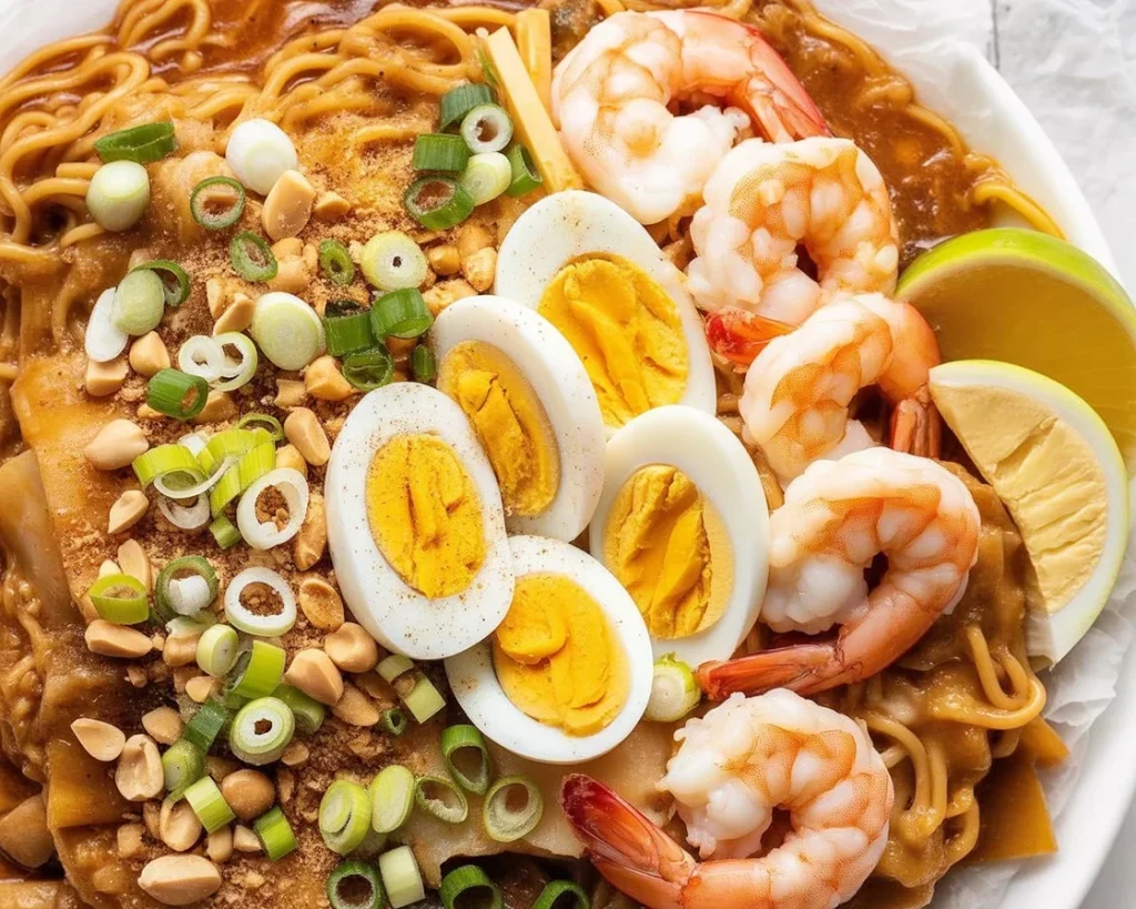 Filipino pancit palabok topped with shrimp, pork, chicharron, and sliced eggs.