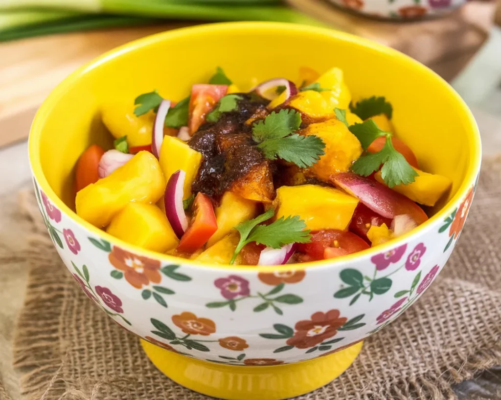 A vibrant Filipino ensaladang mangga salad with green mangoes, tomatoes, and shrimp paste.