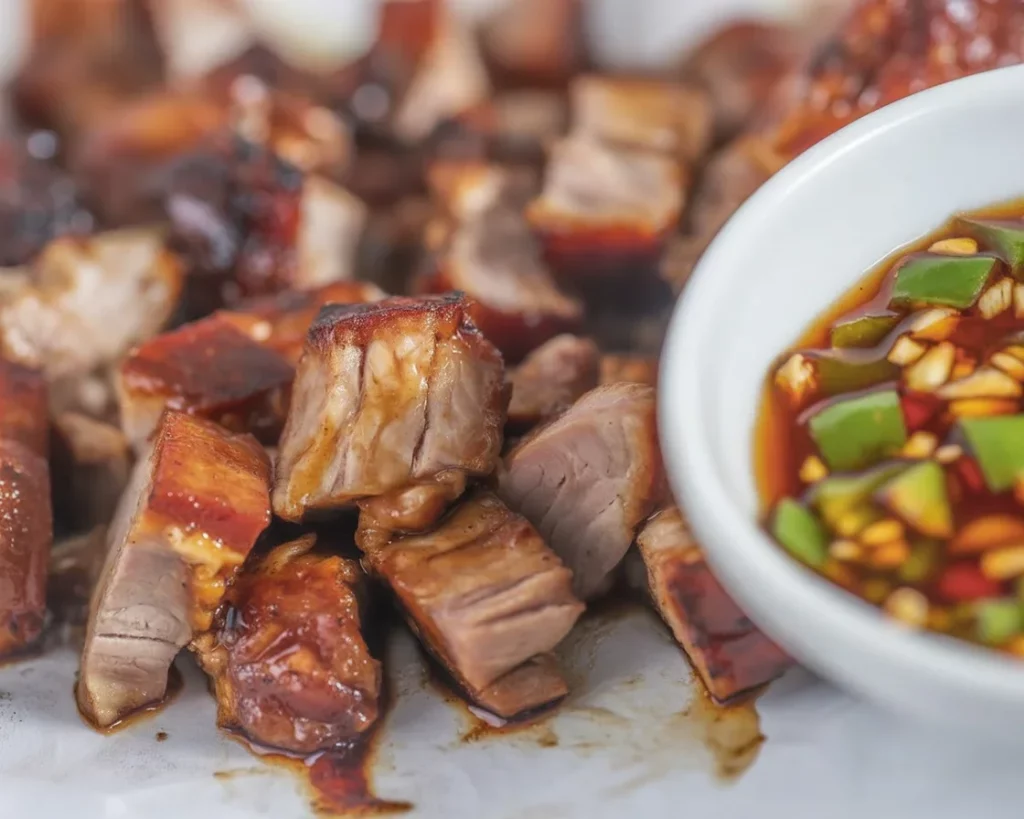 Delicious Inihaw na Baboy served with rice and dipping sauce, showcasing Filipino culinary tradition.