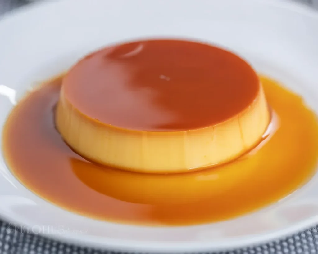 Delicious oven baked leche flan dessert topped with caramel sauce.