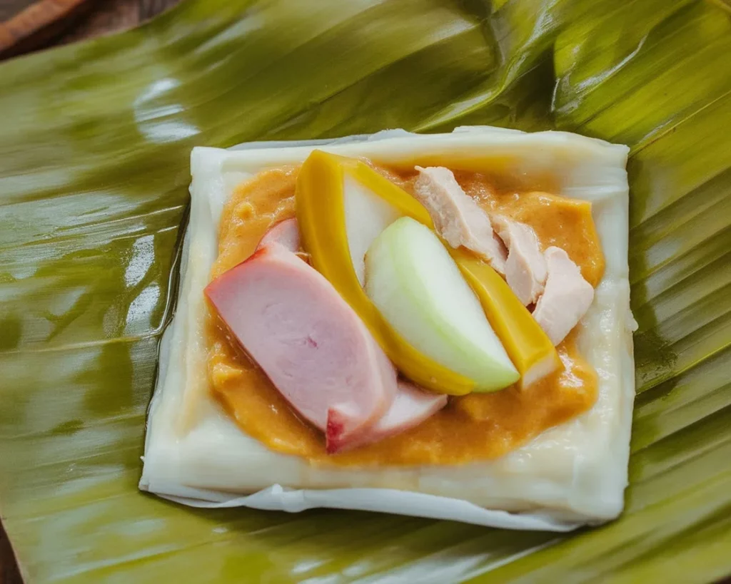 Filipino tamales made with rice flour, coconut milk, and various fillings wrapped in banana leaves.
