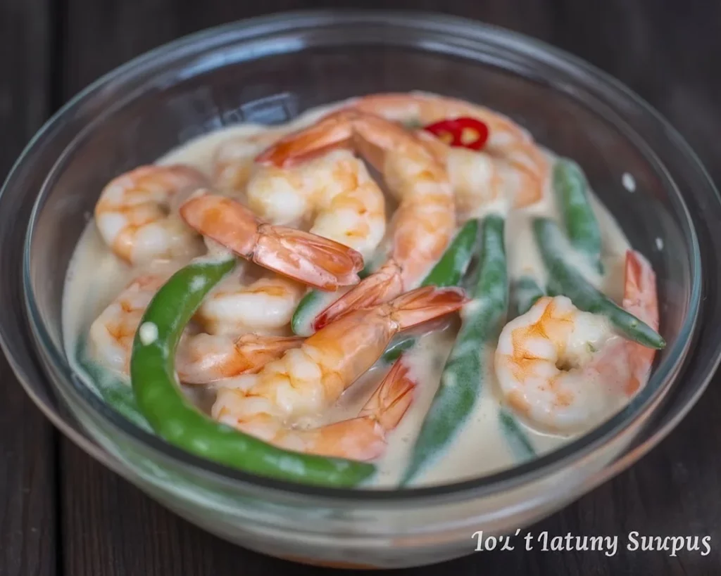 Filipino ginataang hipon served with sitaw and kalabasa in coconut milk
