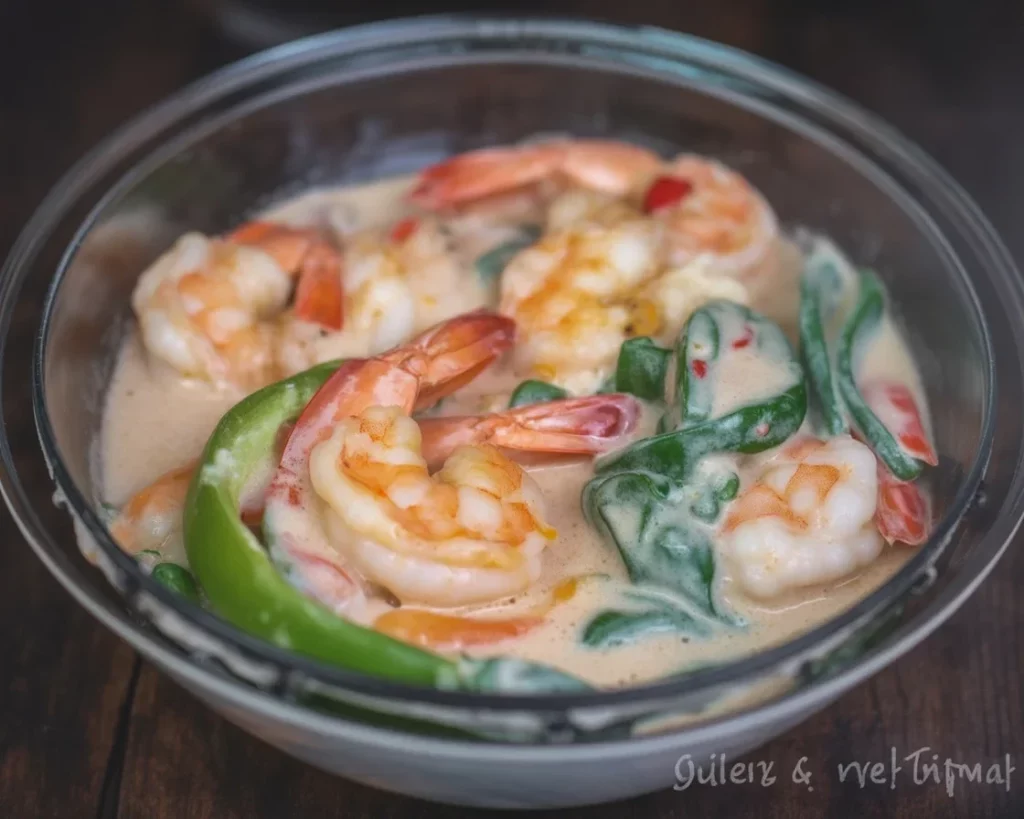 Filipino ginataang hipon - shrimp in coconut milk with kalabasa and sitaw