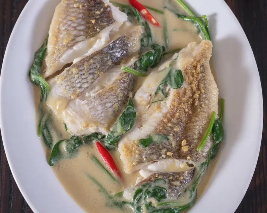 Ginataang Isda: Filipino fish in creamy coconut milk with spices and vegetables.