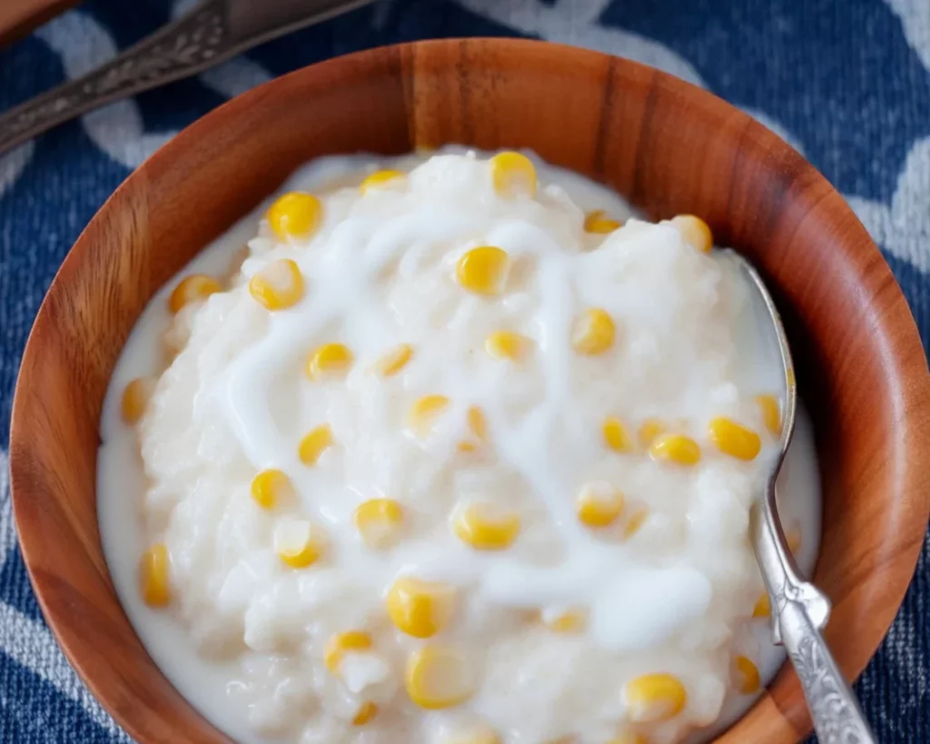 Ginataang Mais - Filipino coconut rice pudding with corn in a bowl