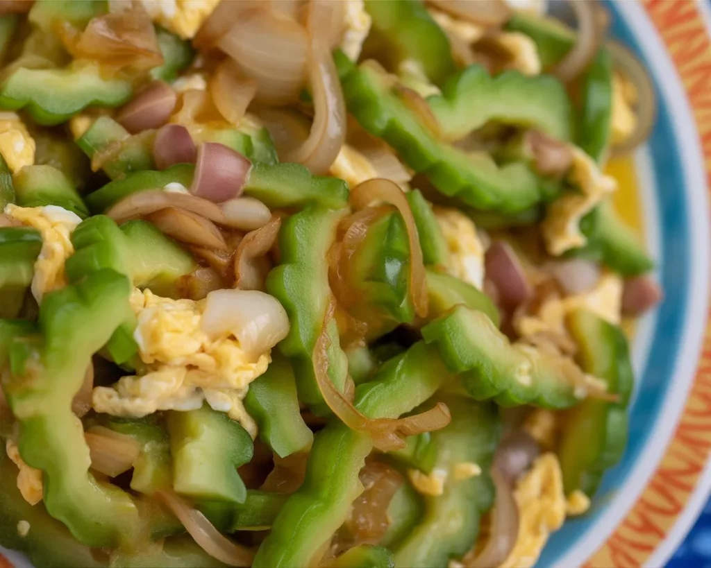 Filipino ginisang ampalaya sautéed bitter melon dish with eggs and tomatoes
