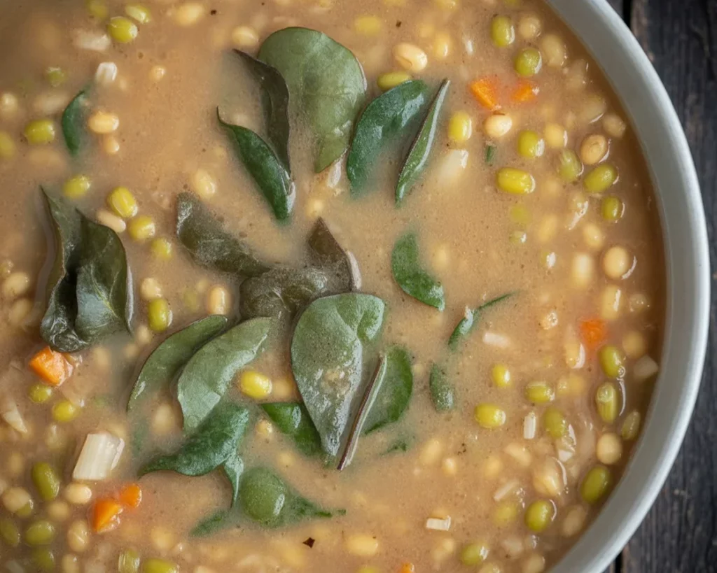 Bowl of Ginisang Munggo, a traditional Filipino mung bean soup recipe.