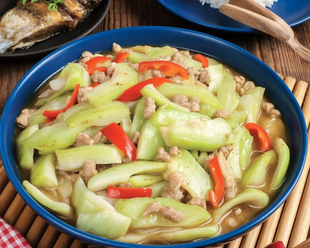 Delicious Ginisang Sayote, a Filipino dish of sautéed chayote with garlic and tomatoes.