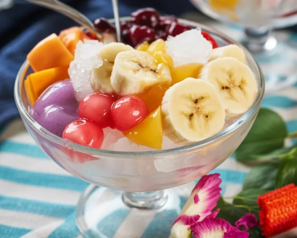 A colorful bowl of homemade halo halo, a traditional Filipino shaved ice dessert.
