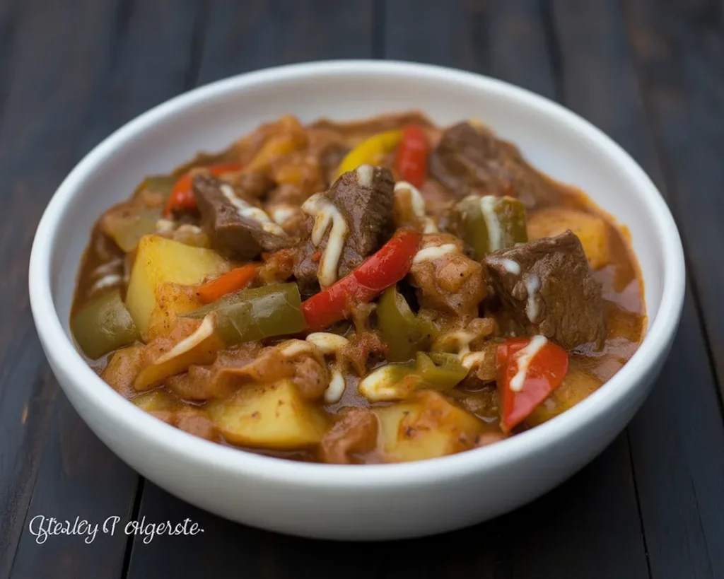 Delicious Filipino beef caldereta stew with vegetables in a rich tomato sauce