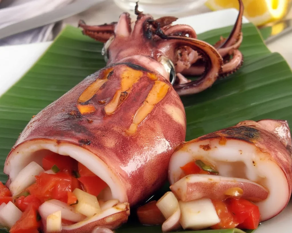 Delicious inihaw na pusit, a Filipino grilled squid dish featuring garlic, calamansi, and spices.