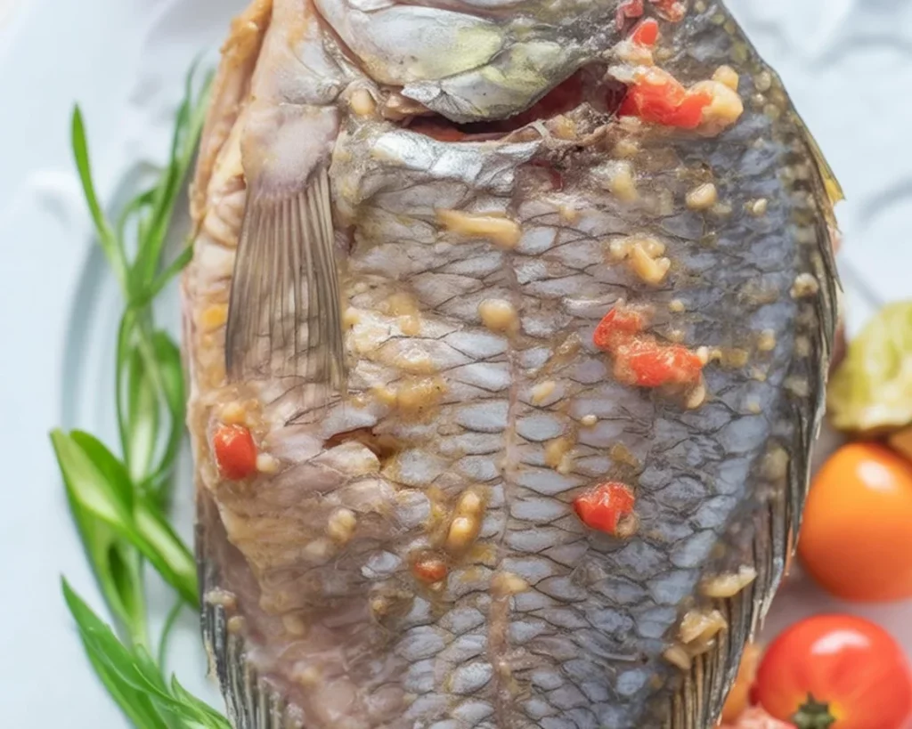 Grilled Filipino inihaw na tilapia stuffed with vegetables, served with seasoning.