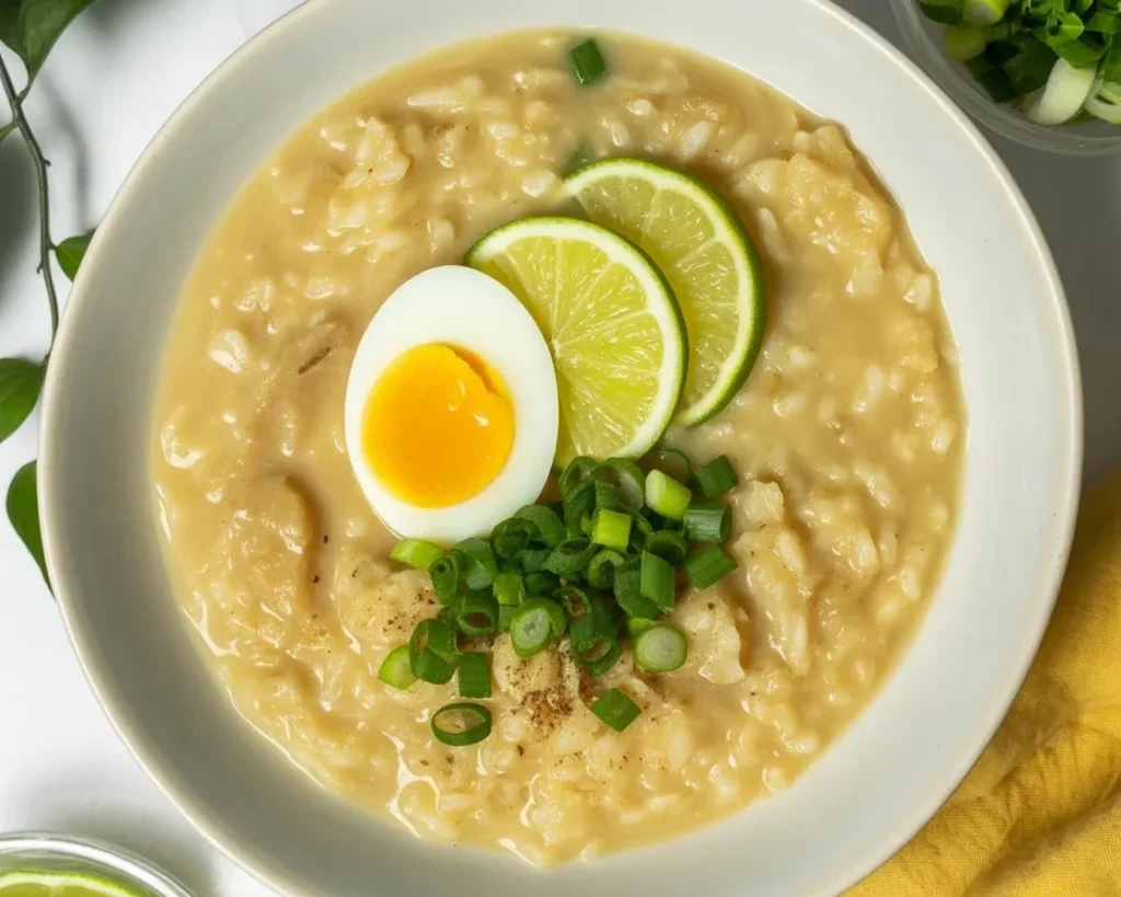 Delicious Instant Pot Arroz Caldo with chicken, ginger, and rice in a serving bowl.