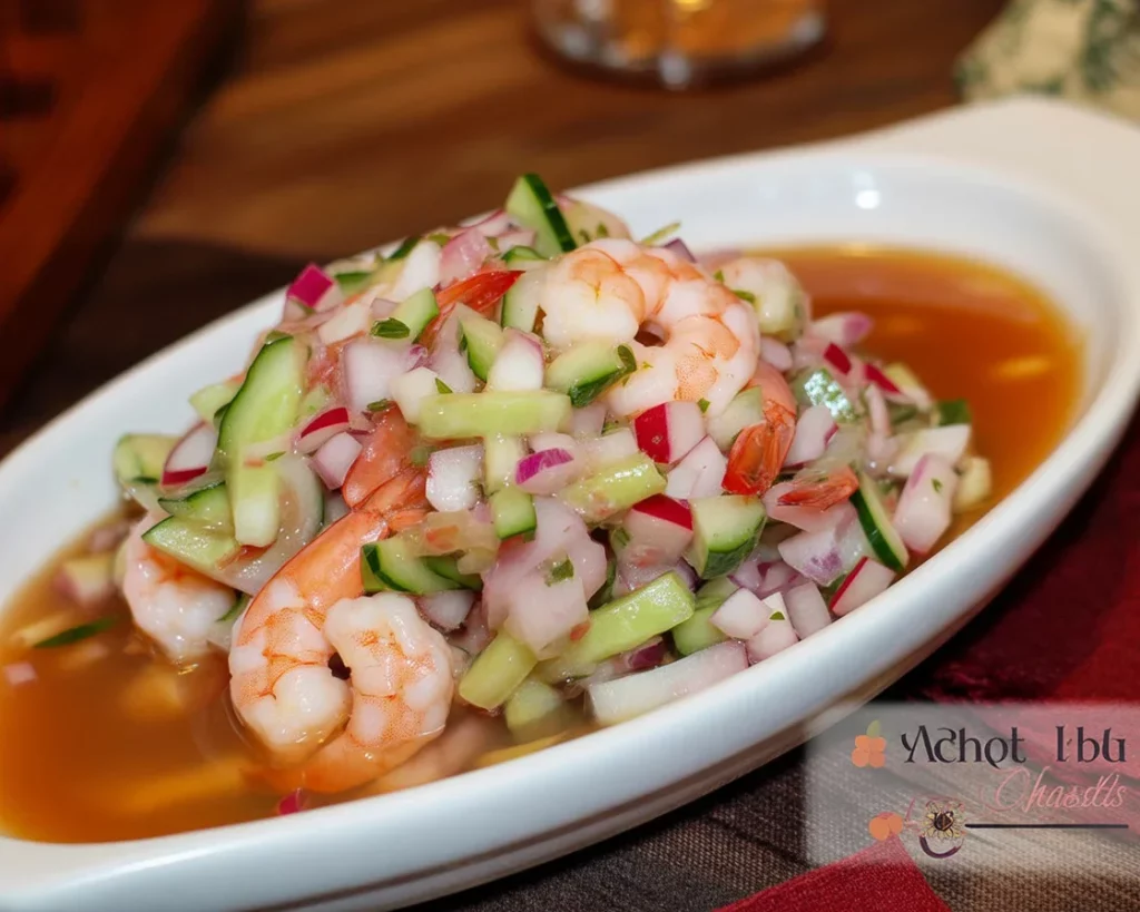 Filipino Kinilaw na Hipon, a shrimp ceviche dish garnished with herbs and spices.