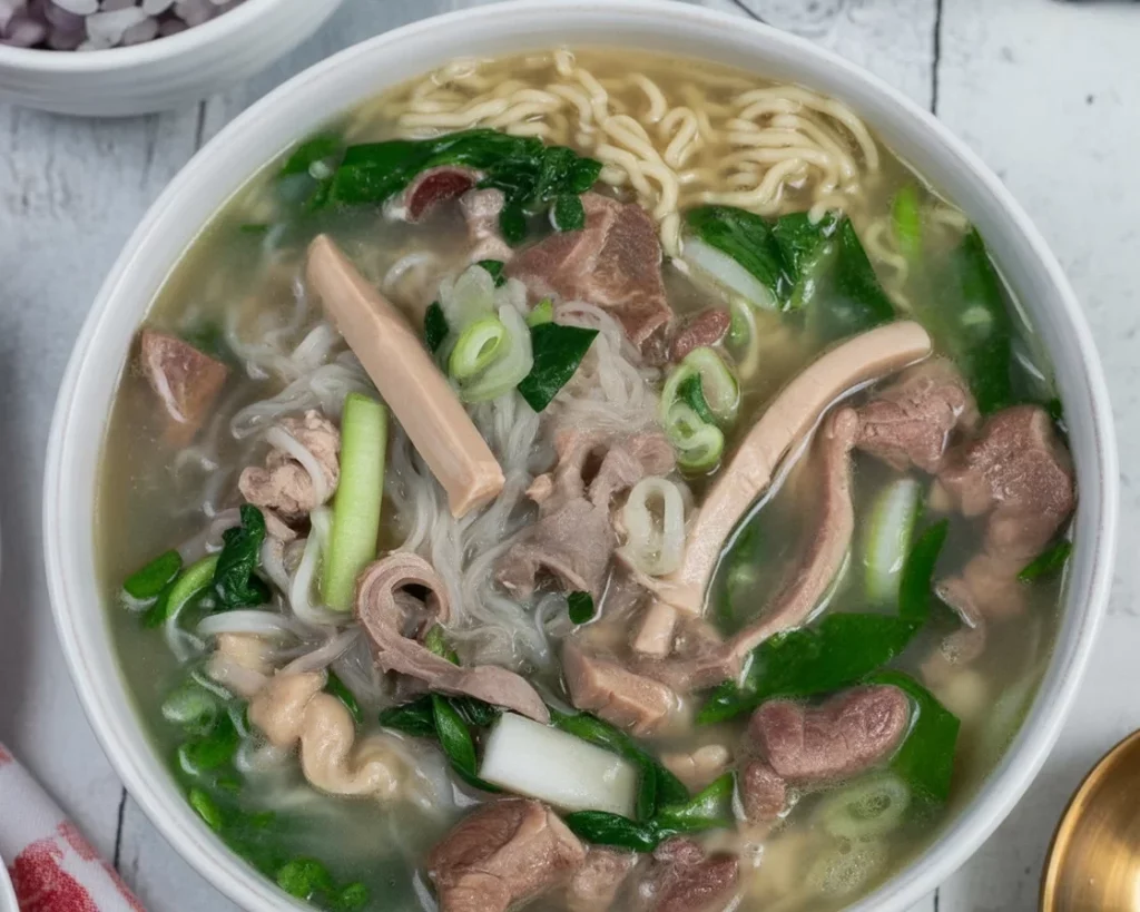 Bowl of traditional Filipino La Paz Batchoy with noodles, pork, and chicharron.