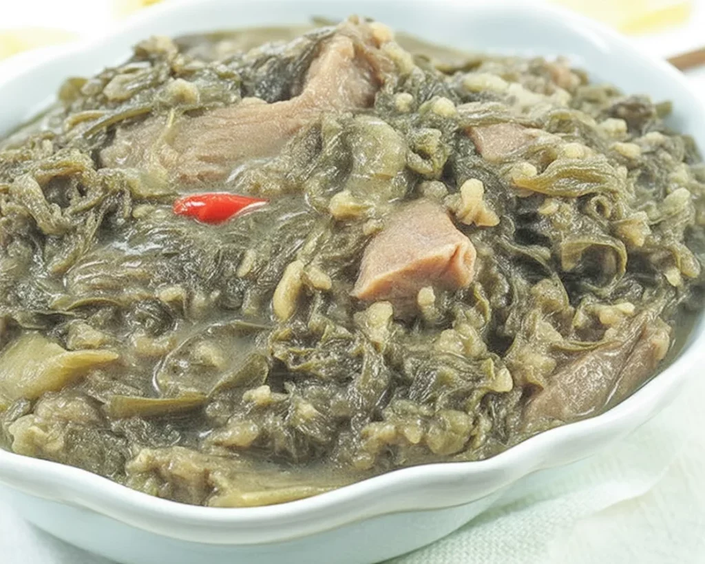 Delicious Filipino Laing made with dried taro leaves and coconut milk.