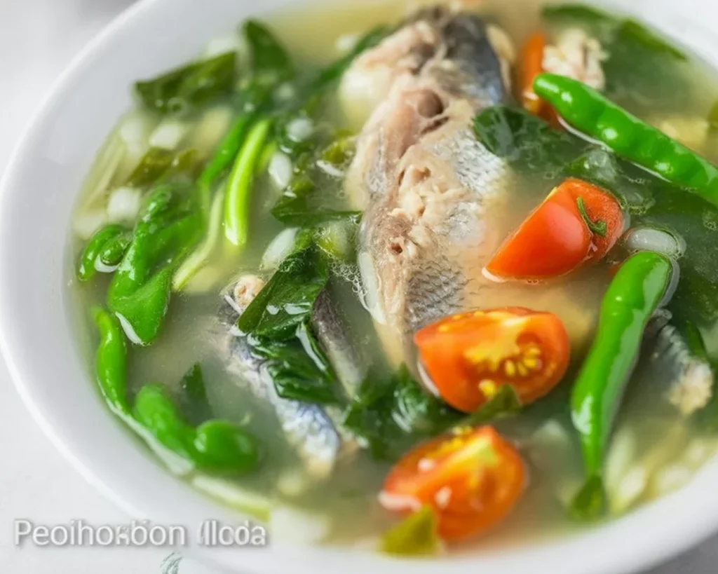 Bowl of Filipino tinolang isda - fish in ginger broth with vegetables.