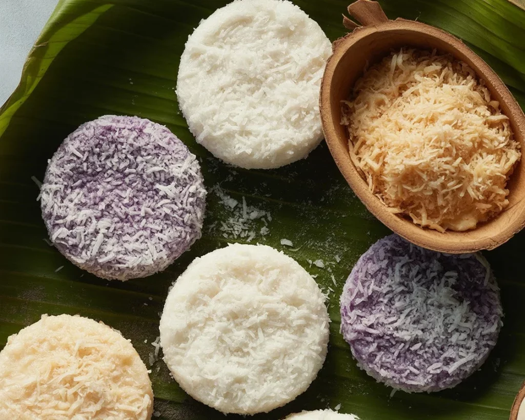 Homemade palitaw rice cakes, chewy rice dumplings coated with coconut and sesame seeds.