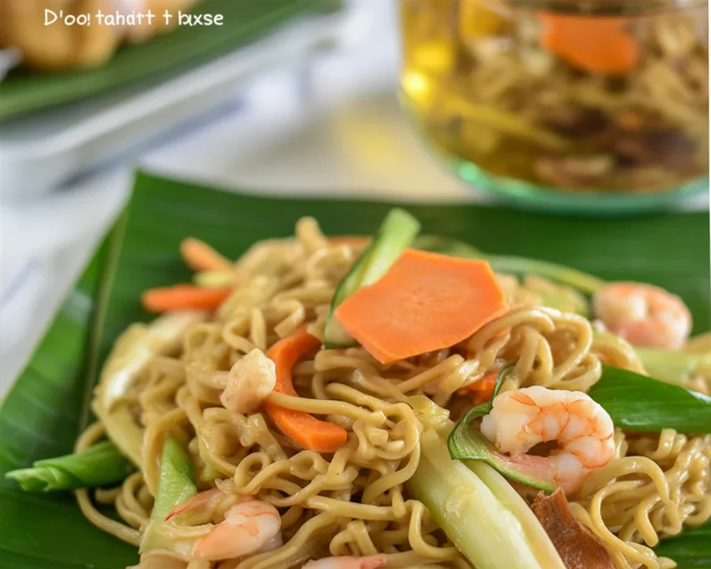 Delicious Pancit Habhab served on banana leaves, showcasing traditional Filipino flavors.