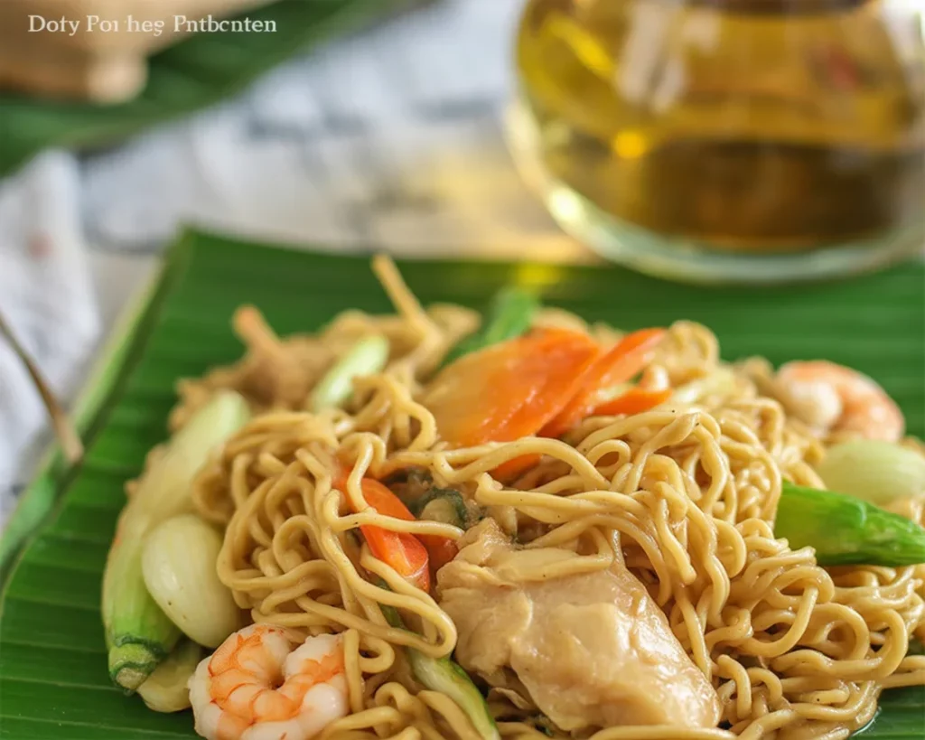 Dish of Filipino pancit habhab served on banana leaves, showcasing miki noodles and vegetables.
